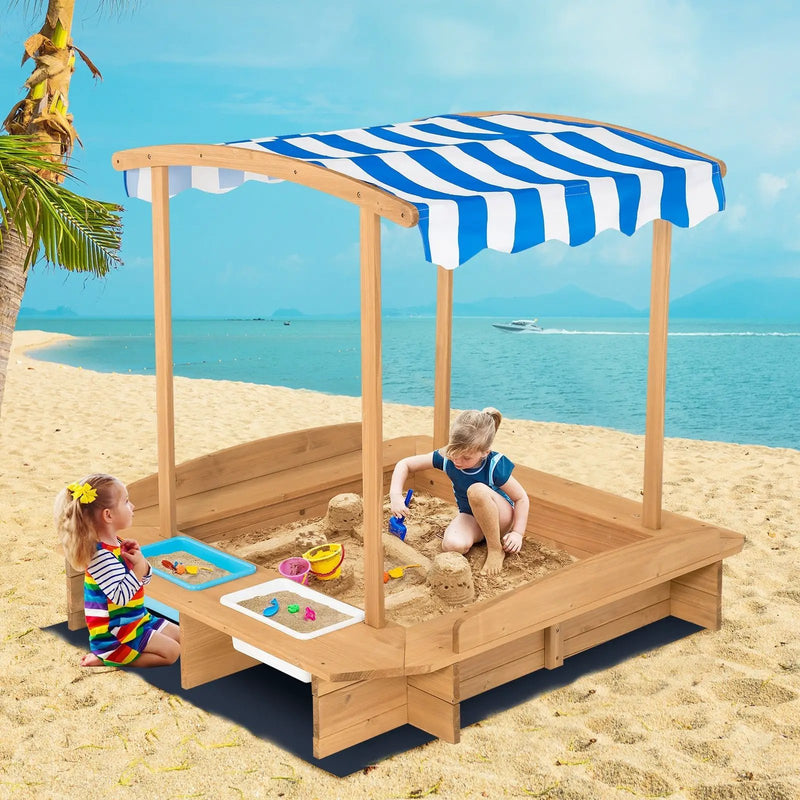 Kids Wooden Sandbox with Striped Canopy by DirectDeals