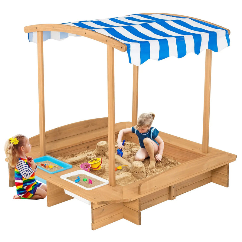 Kids Wooden Sandbox with Striped Canopy by DirectDeals