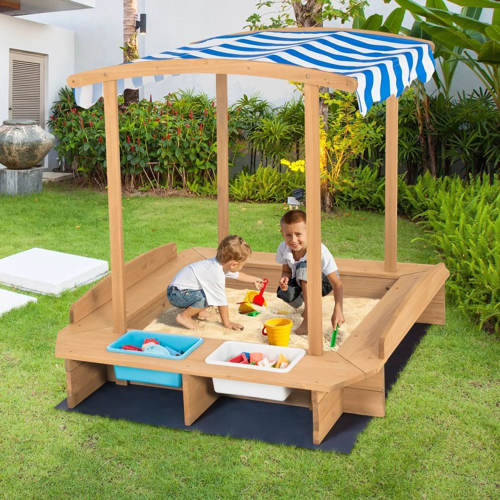 Kids Wooden Sandbox with Striped Canopy by DirectDeals