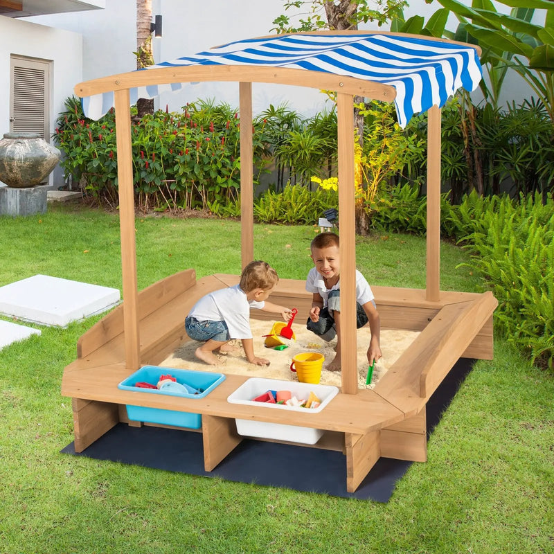 Kids Wooden Sandbox with Striped Canopy by DirectDeals