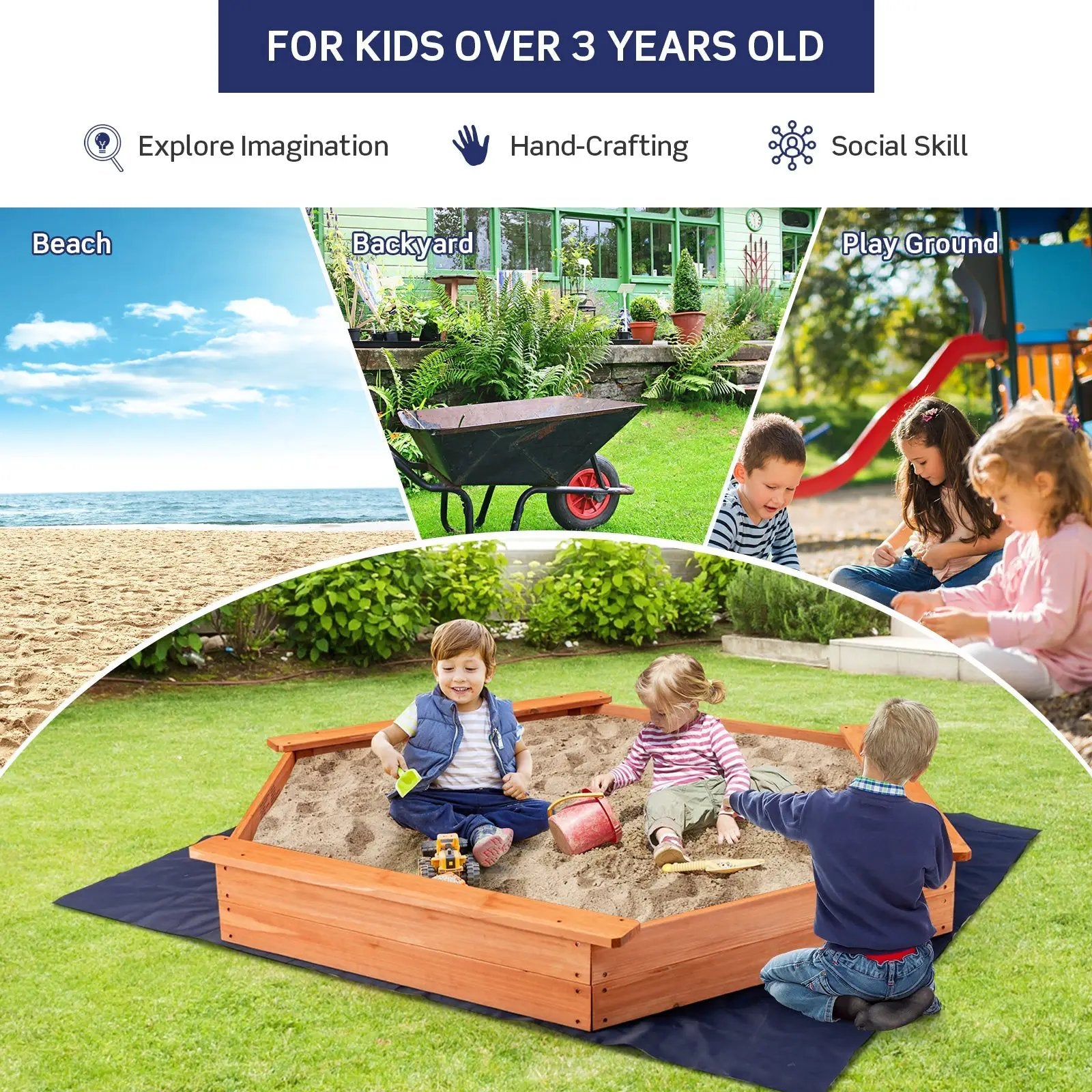 Hexagon Wooden Cedar Sand Box with Seat Boards by DirectDeals