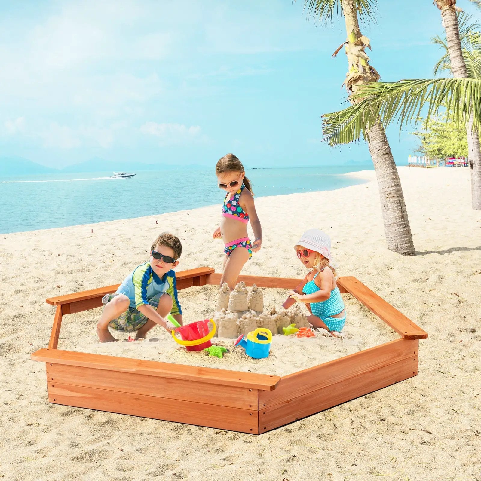 Hexagon Wooden Cedar Sand Box with Seat Boards by DirectDeals