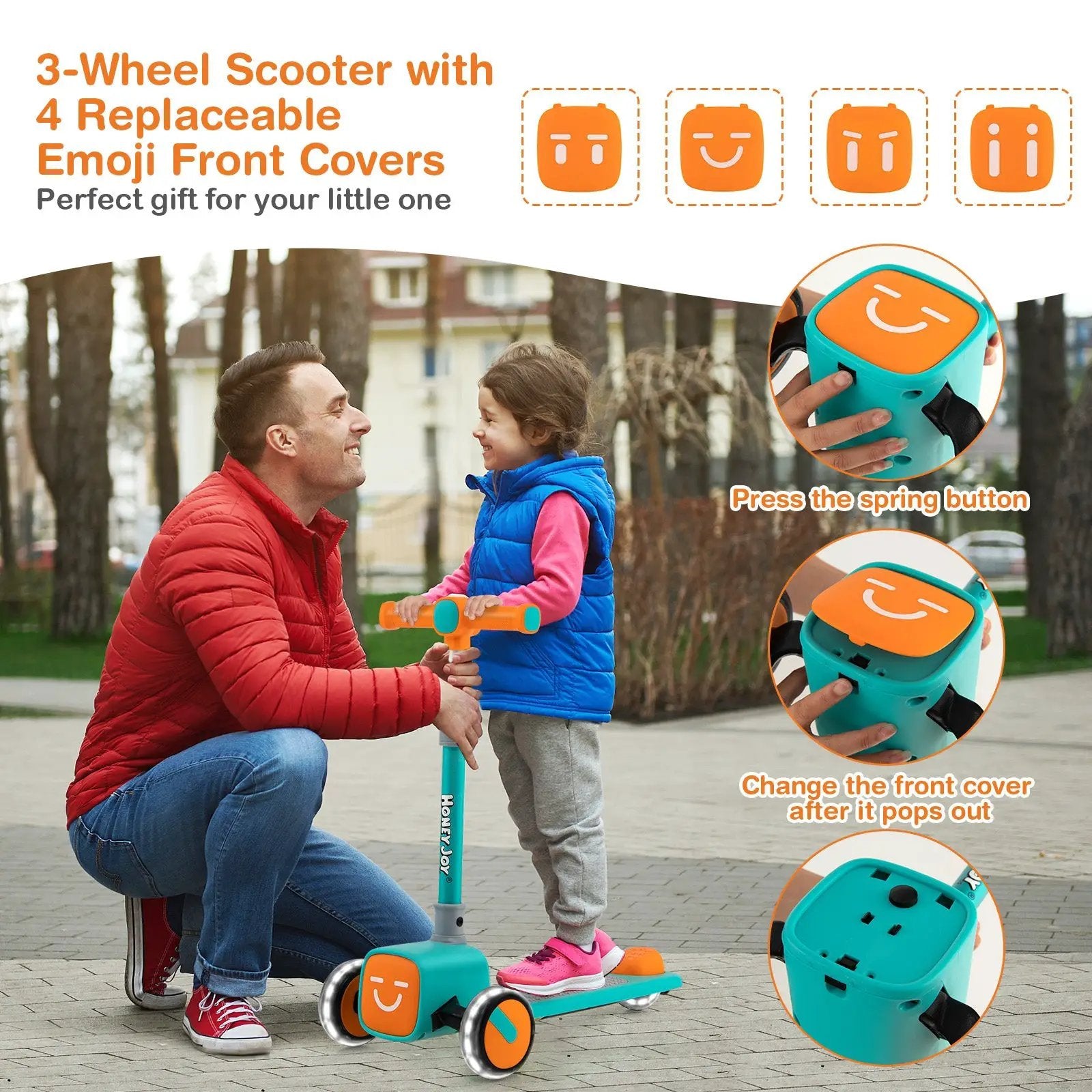 Folding Adjustable Kids Toy Scooter with LED Flashing Wheels Horn 4 Emoji Covers by DirectDeals