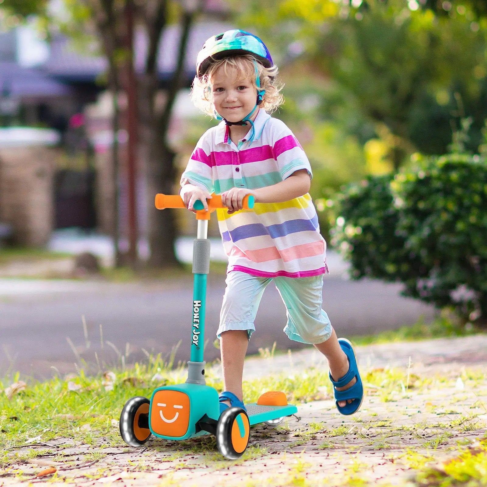 Folding Adjustable Kids Toy Scooter with LED Flashing Wheels Horn 4 Emoji Covers by DirectDeals