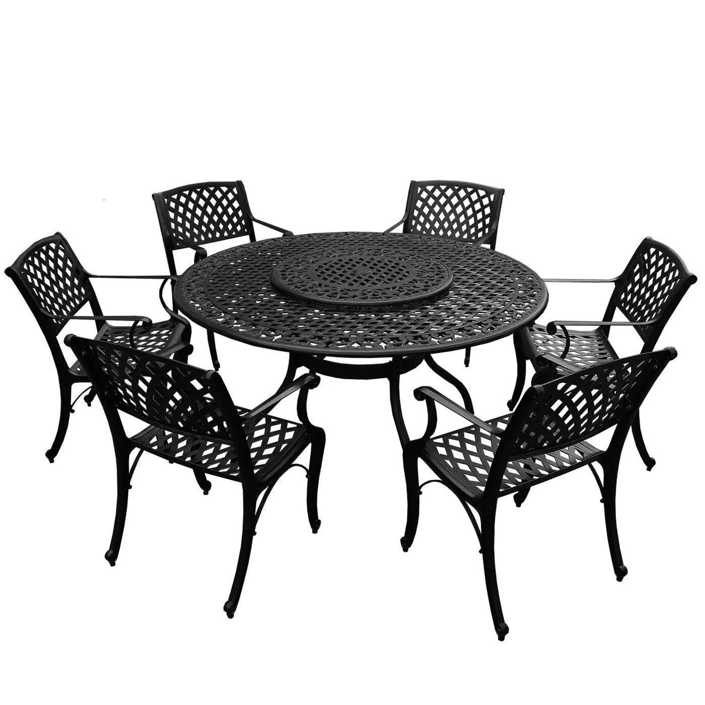 Outdoor Aluminum 7pc Round Patio Dining Set, Lazy Susan, Six Chairs by Sharicks