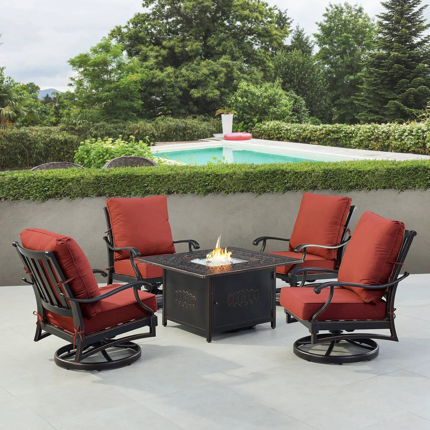 Black Aluminum Fire Table Set with Four Club Chairs by Sharicks