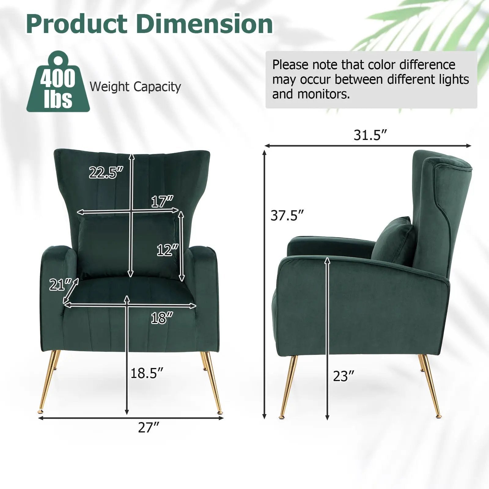 Velvet Upholstered Wingback Chair with Lumbar Pillow and Golden Metal Legs by DirectDeals