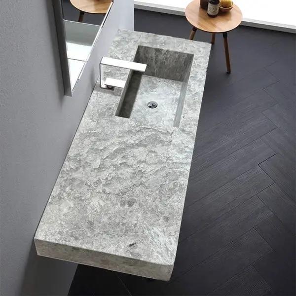 Tundra Gray Marble Wall Mounted Rectangular Vanity Sink 48x20 by GobekDesign