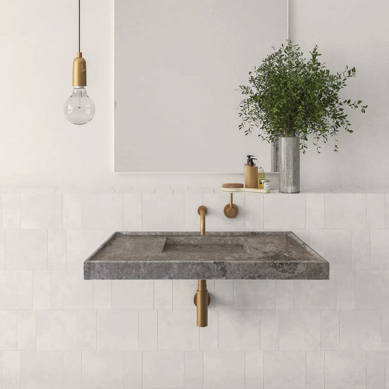 Tundra Grey Marble Rectangular Wall-mount Bathroom Sink Hidden Drain (W)20" (L)48" (H)5" by GobekDesign