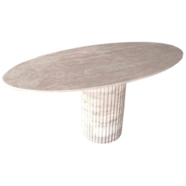 Tuscany Beige Travertine Handcrafted Oval Coffee Table Fluted Legs 24x50 by GobekDesign