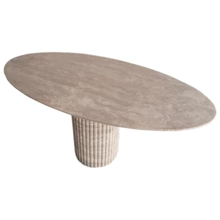 Tuscany Beige Travertine Handcrafted Oval Coffee Table Fluted Legs 24x50 by GobekDesign