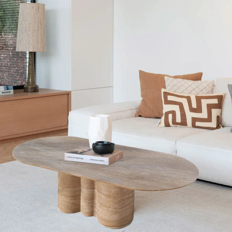 Tuscany Walnut Travertine Vein-cut Oval Shape Coffee Table Wavy Legs (W)20" (L)40" (H)18" by GobekDesign