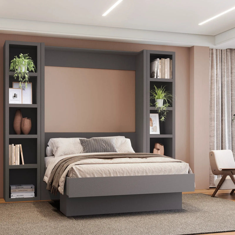 Easy-Lift Full Murphy Wall Bed in Dark Grey with Two Bookshelves by Sharicks