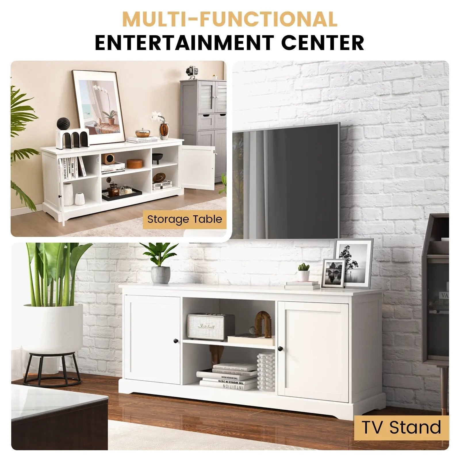 58 Inch TV Stand with 2 Cabinets and Adjustable Shelves for TVs up to 65 Inch-White by DirectDeals