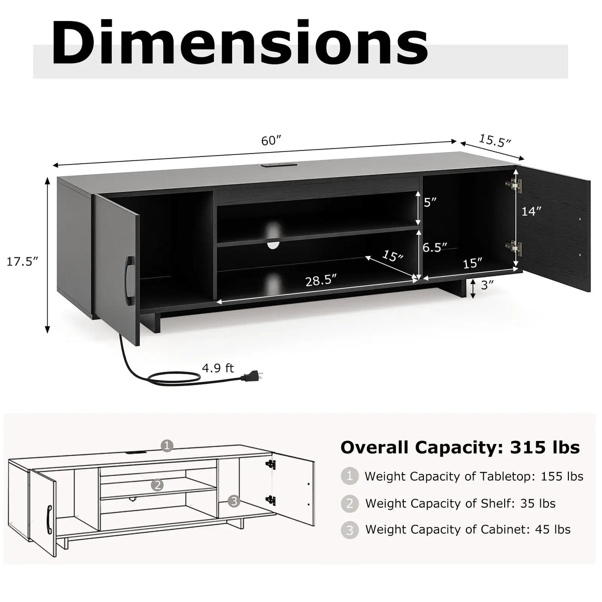 TV Stand with Power Outlet and 2 Cable Holes for 65 Inch TVs by DirectDeals