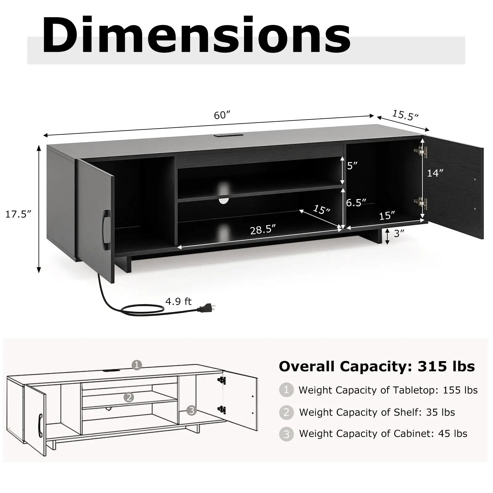 TV Stand with Power Outlet and 2 Cable Holes for 65 Inch TVs by DirectDeals