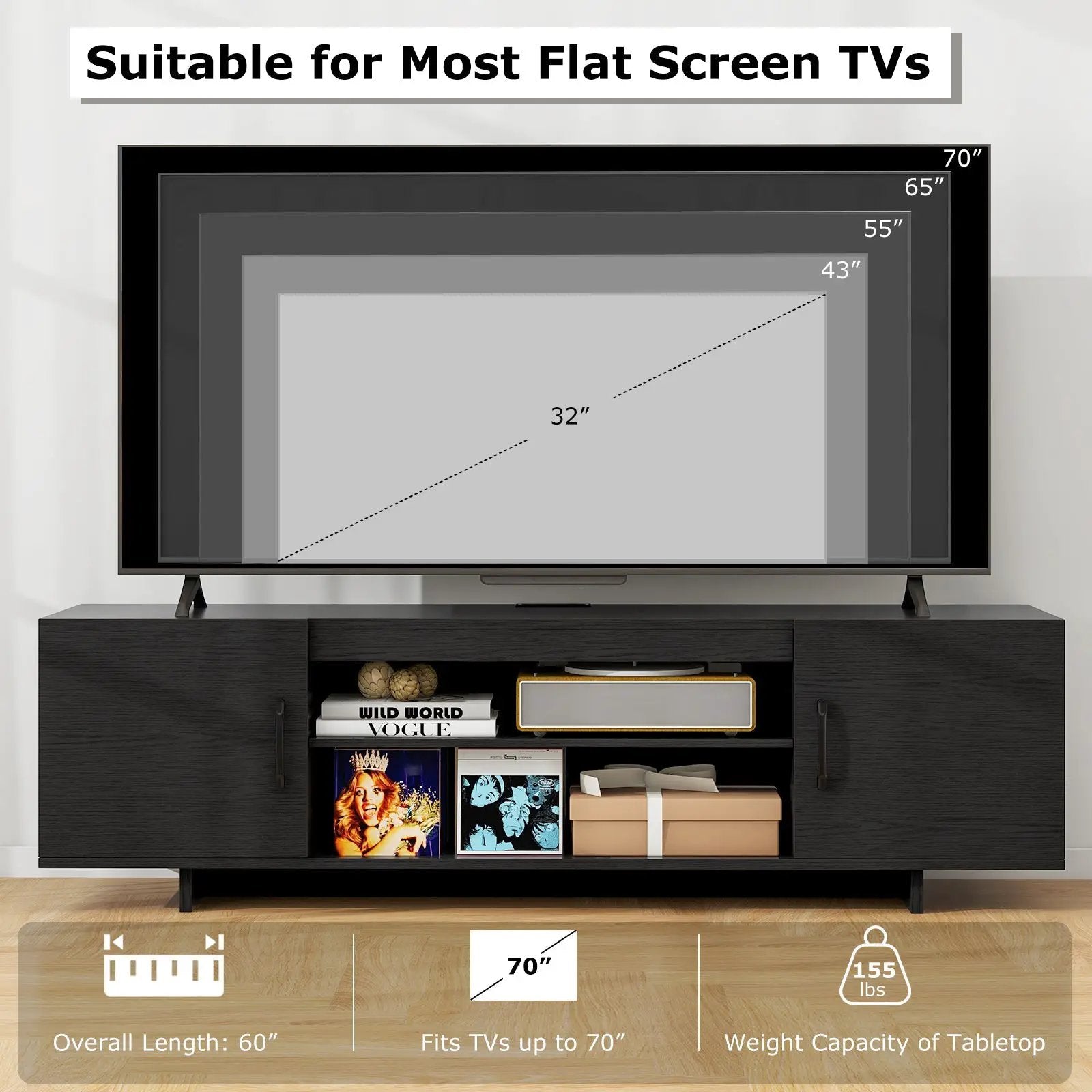 TV Stand with Power Outlet and 2 Cable Holes for 65 Inch TVs by DirectDeals