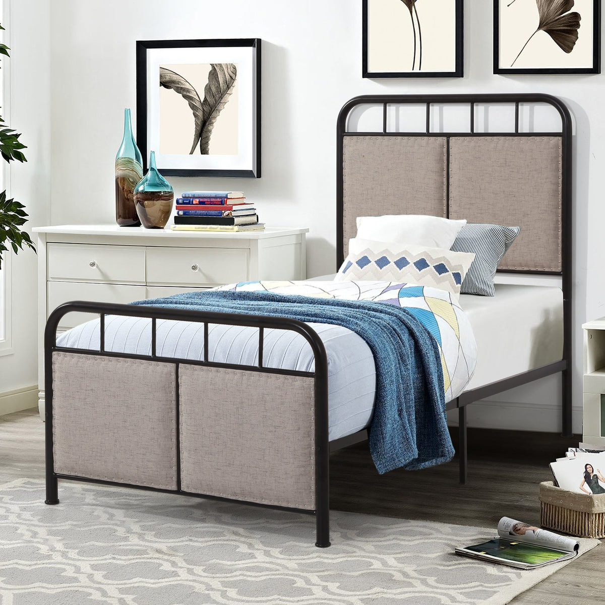 Twin Size Linen Upholstered Platform Metal Bed Frame, photo 2 of 13