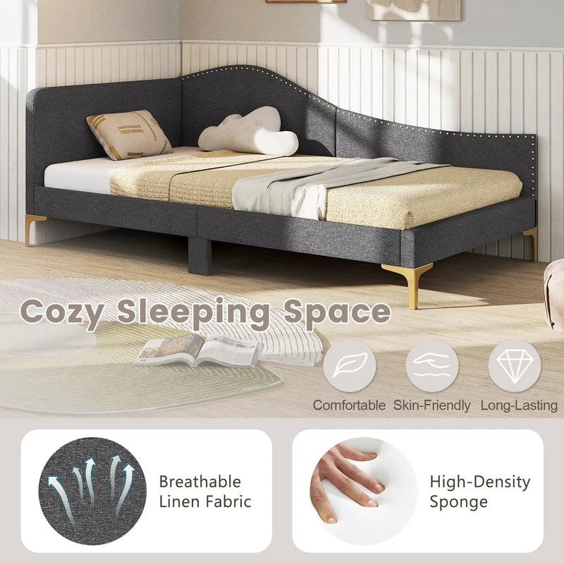 Full/Twin Size Rivet-Tufted Platform Bed with Metal Legs and Wood Slats by DirectDeals
