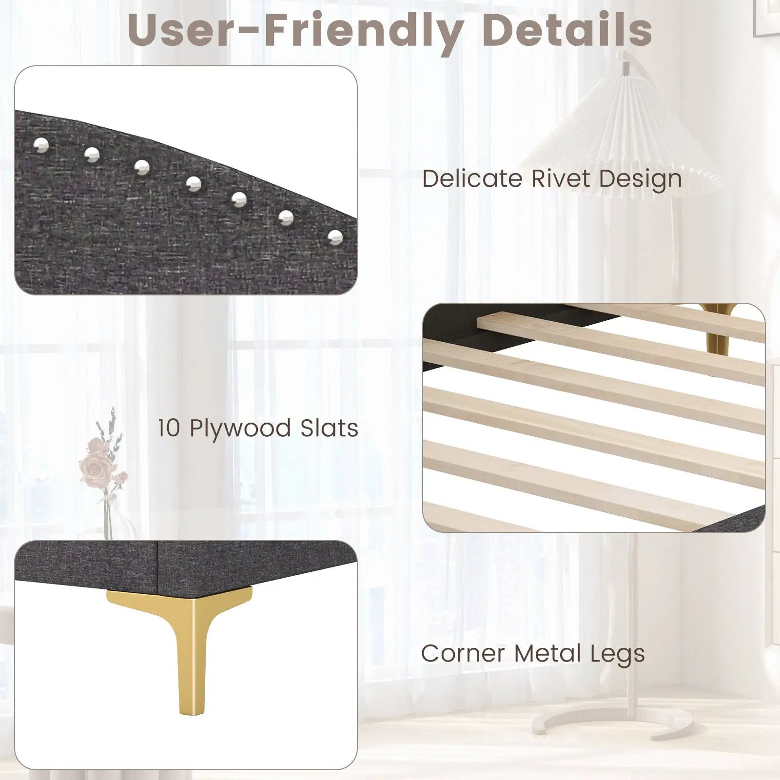 Full/Twin Size Rivet-Tufted Platform Bed with Metal Legs and Wood Slats by DirectDeals
