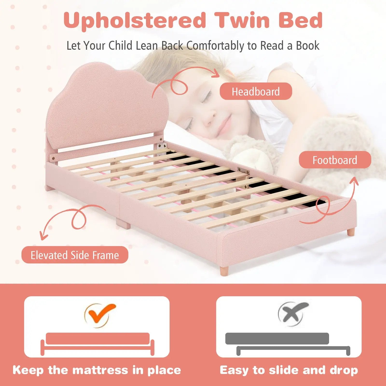 Twin Bed Frame with Height-Adjustable Headboard and Sturdy Wooden Slats by DirectDeals