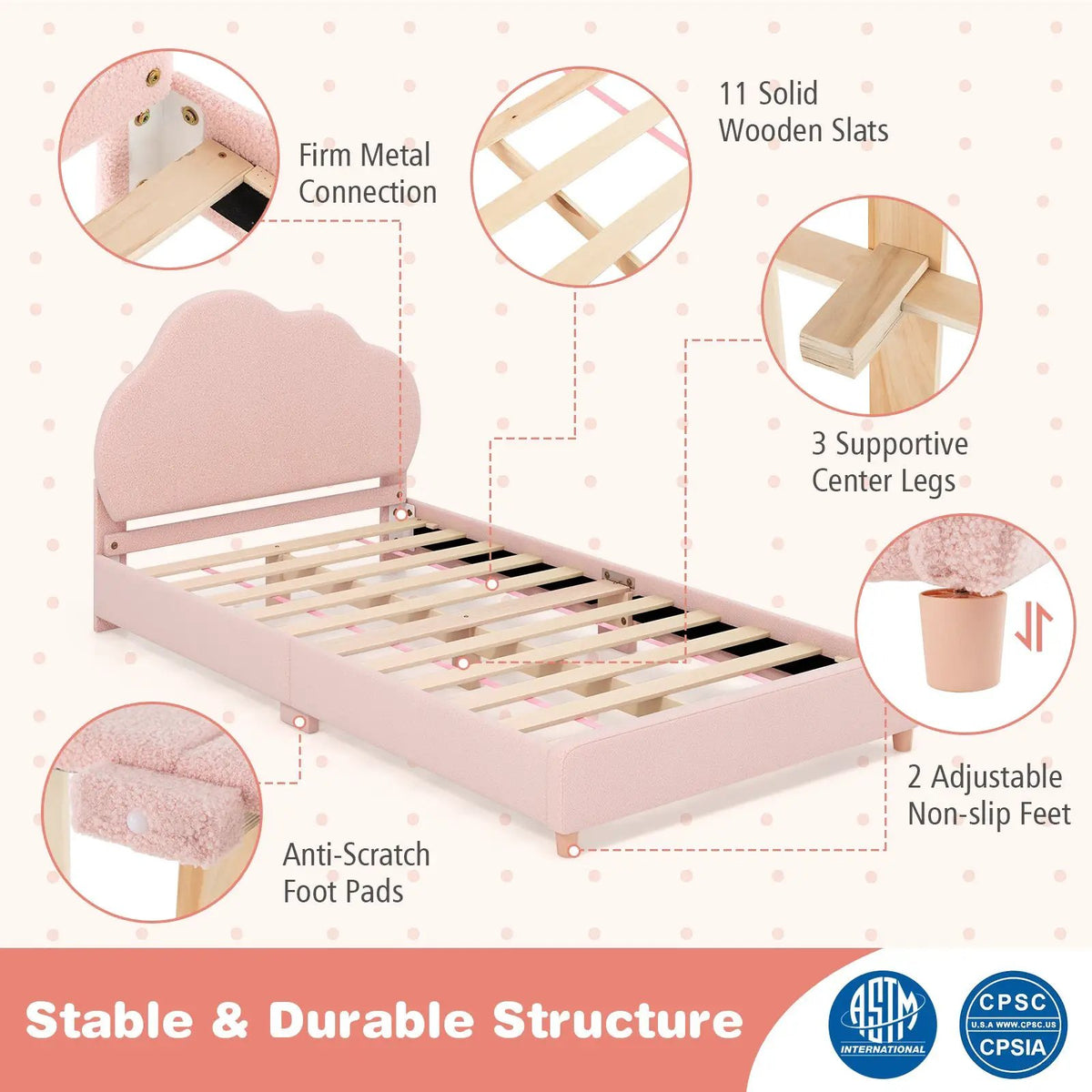 Twin Bed Frame with Height-Adjustable Headboard and Sturdy Wooden Slats by DirectDeals