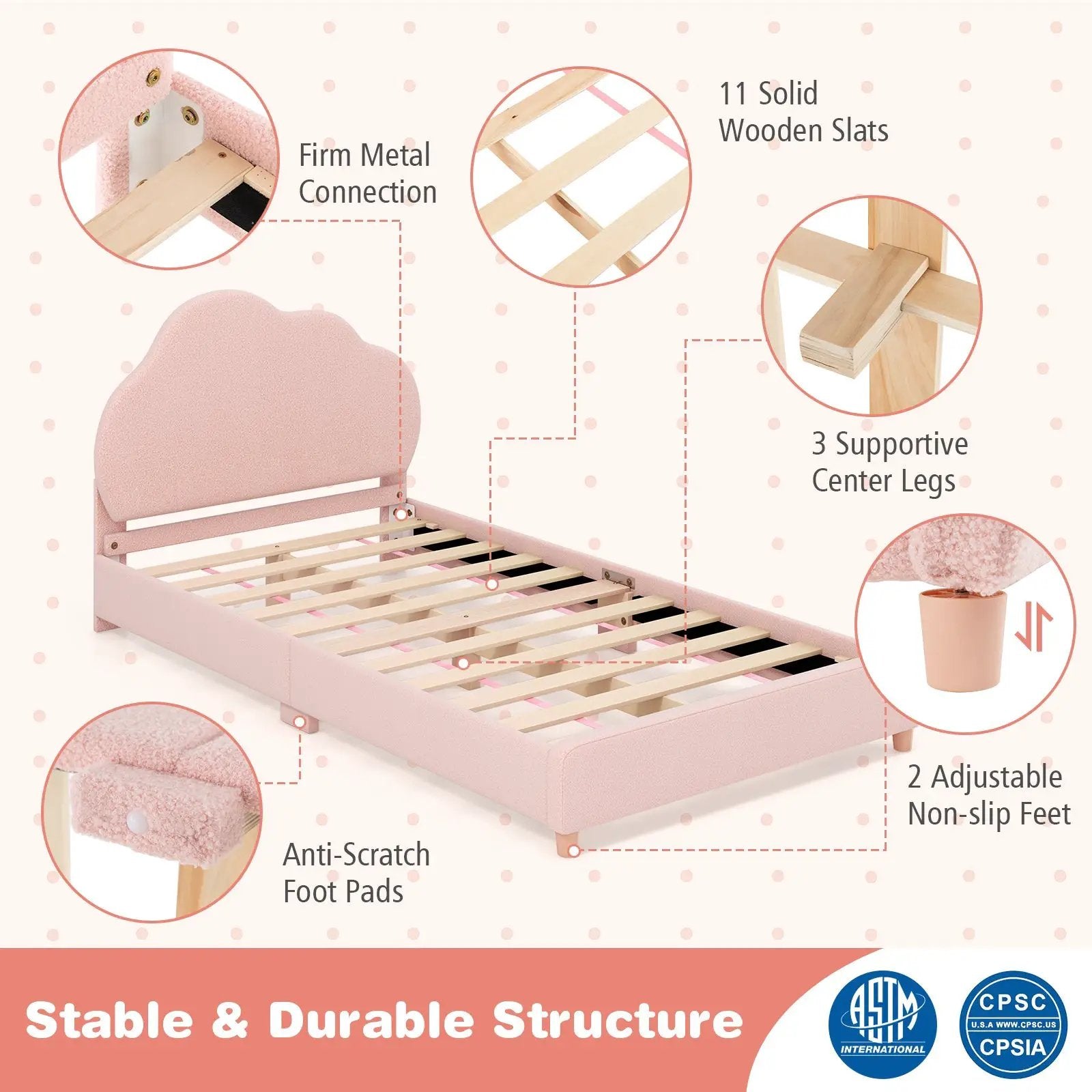 Twin Bed Frame with Height-Adjustable Headboard and Sturdy Wooden Slats by DirectDeals