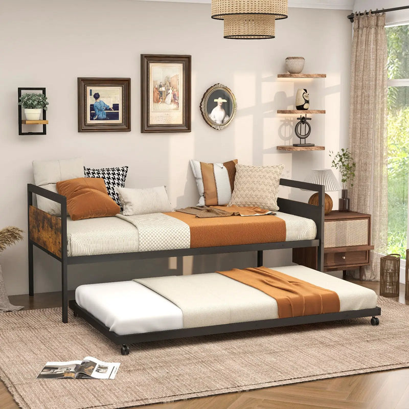 Twin Metal Daybed with Trundle Lockable Wheels-Twin Size by DirectDeals