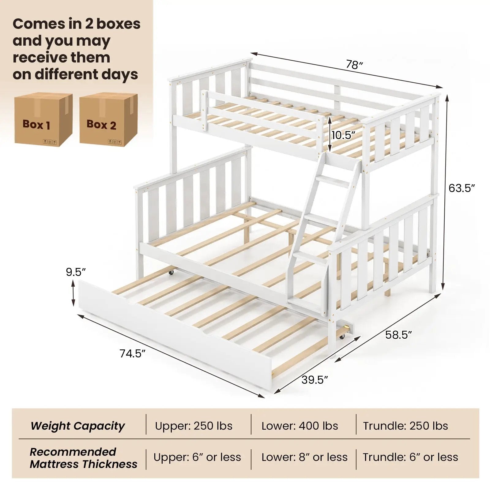 3-in-1 Twin Over Full Bunk Bed with Trundle and Ladder by DirectDeals