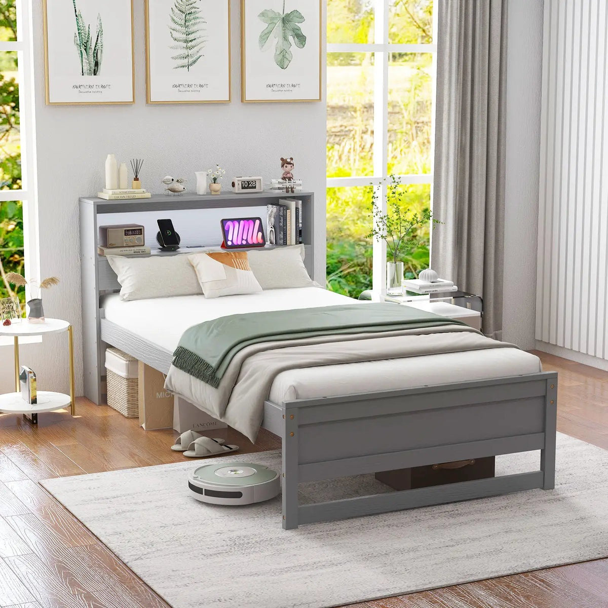 Twin Size Bed Frame with Storage Headboard and Charging Station by DirectDeals