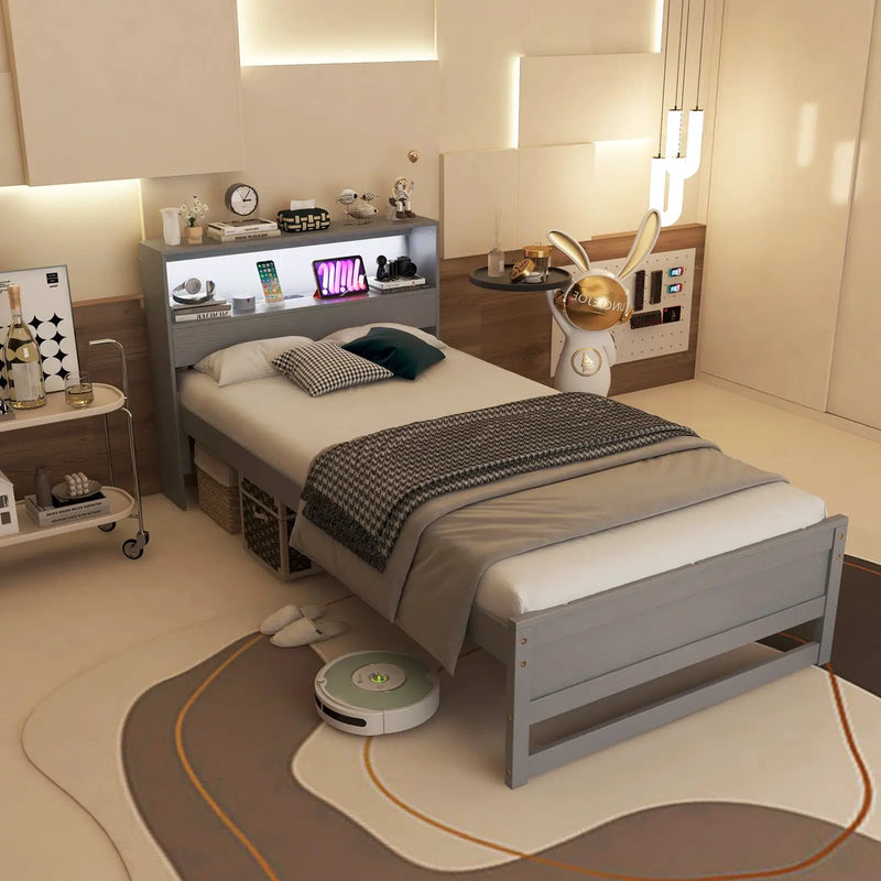 Twin Size Bed Frame with Storage Headboard and Charging Station by DirectDeals