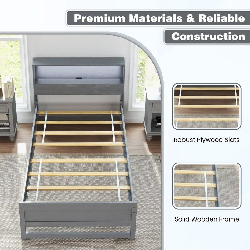 Twin Size Bed Frame with Storage Headboard and Charging Station by DirectDeals