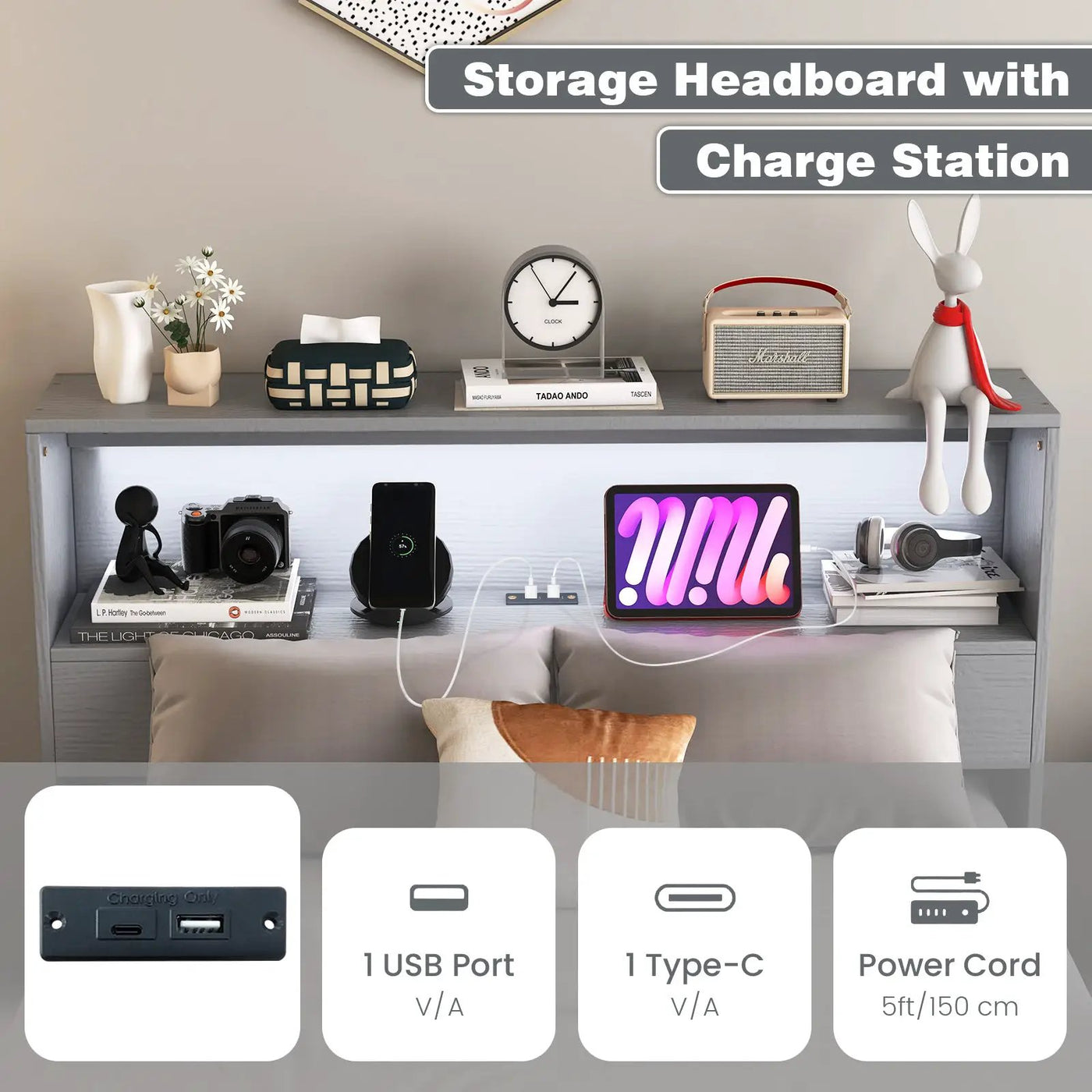 Twin Size Bed Frame with Storage Headboard and Charging Station by DirectDeals