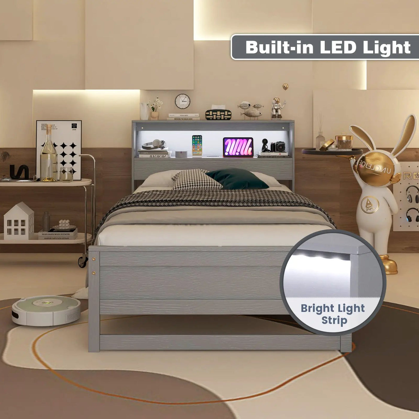Twin Size Bed Frame with Storage Headboard and Charging Station by DirectDeals