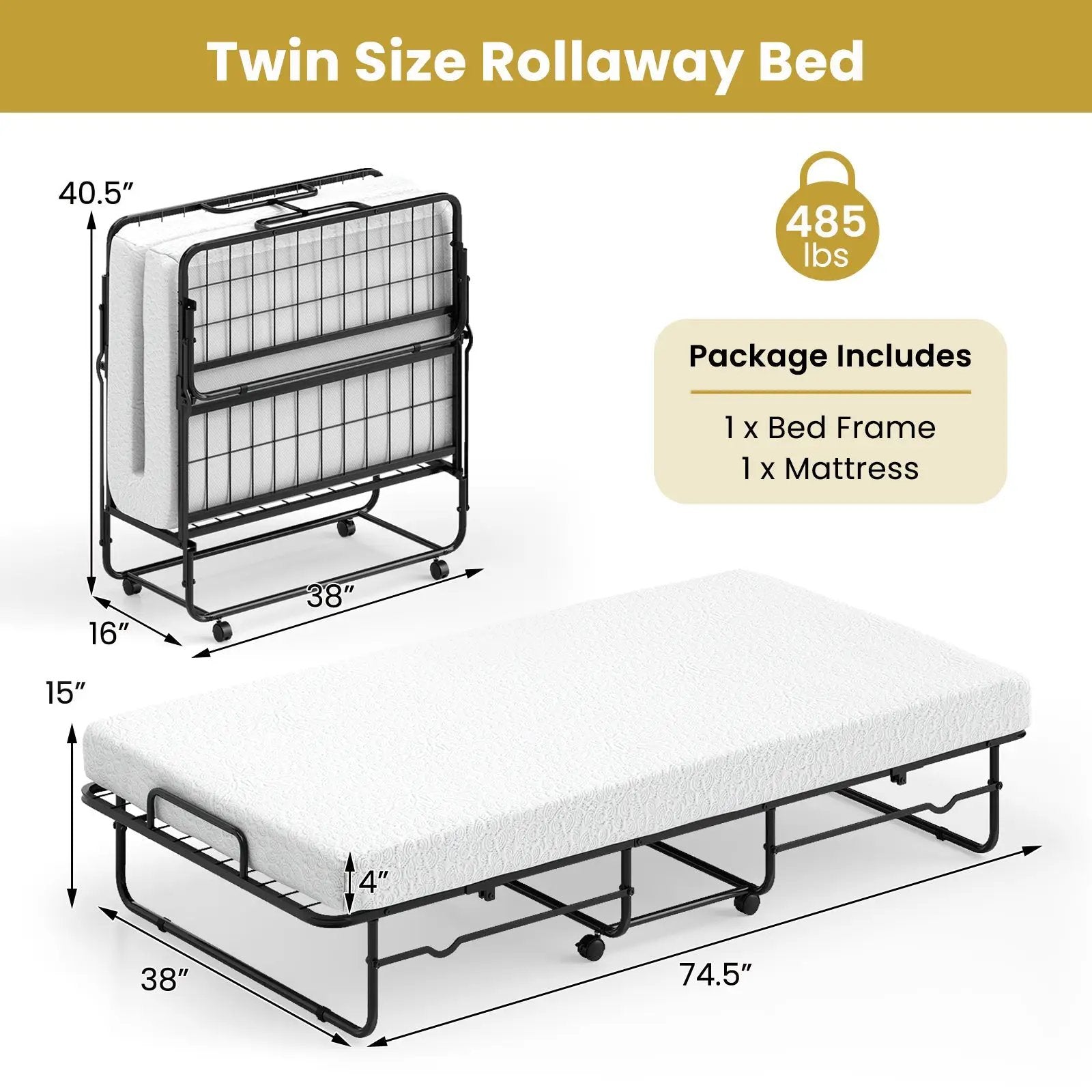 Twin Size Folding Bed with Memory Foam Mattress and Heavy-duty Metal Frame by DirectDeals