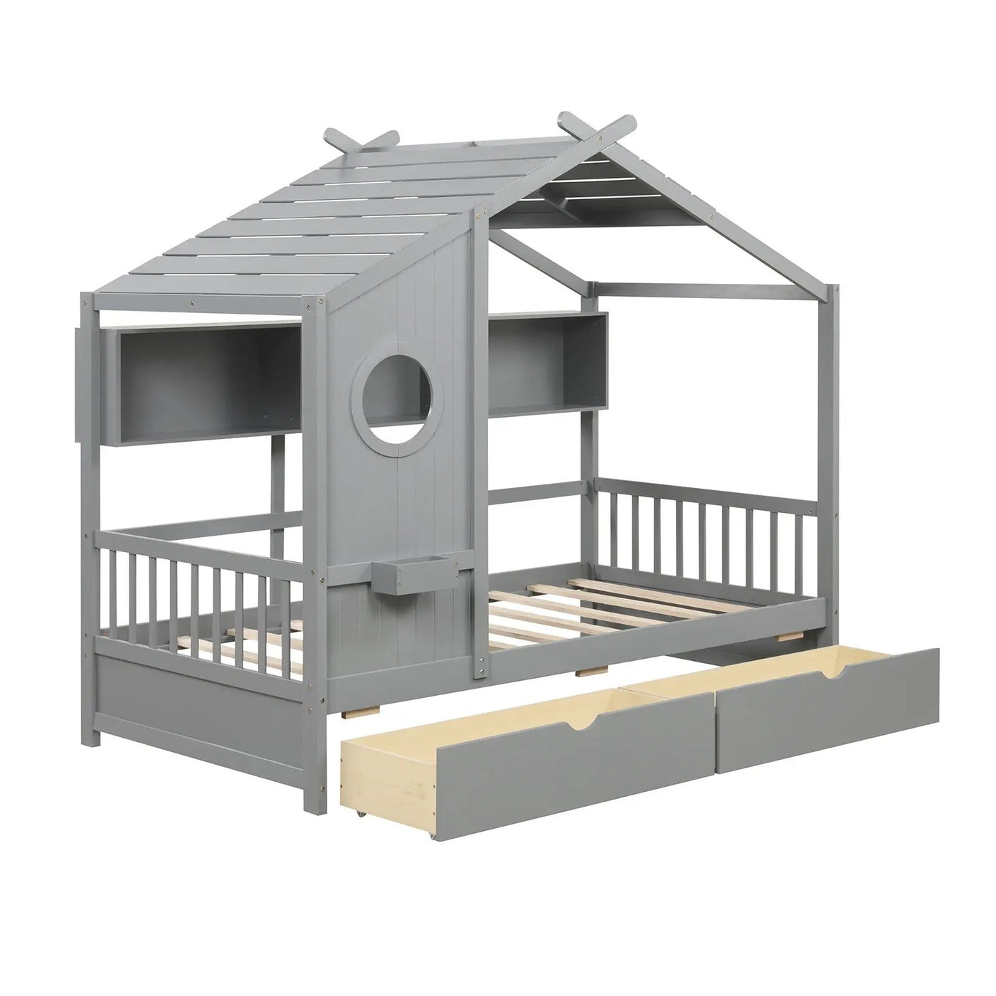Twin Size House Bed with 2 Storage Drawers and Fence Guardrails by DirectDeals