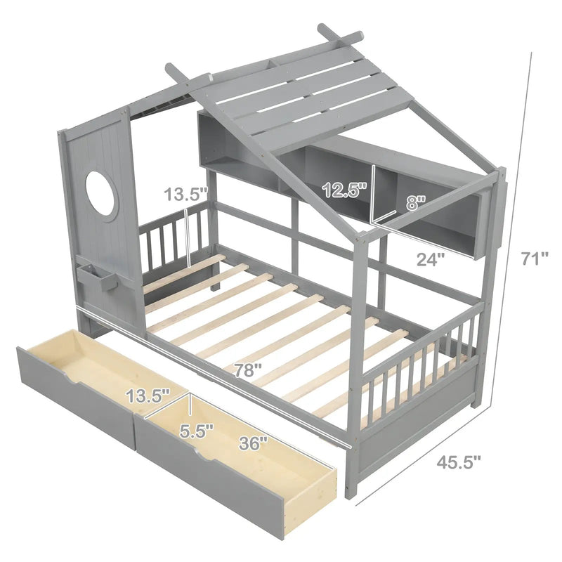 Twin Size House Bed with 2 Storage Drawers and Fence Guardrails by DirectDeals