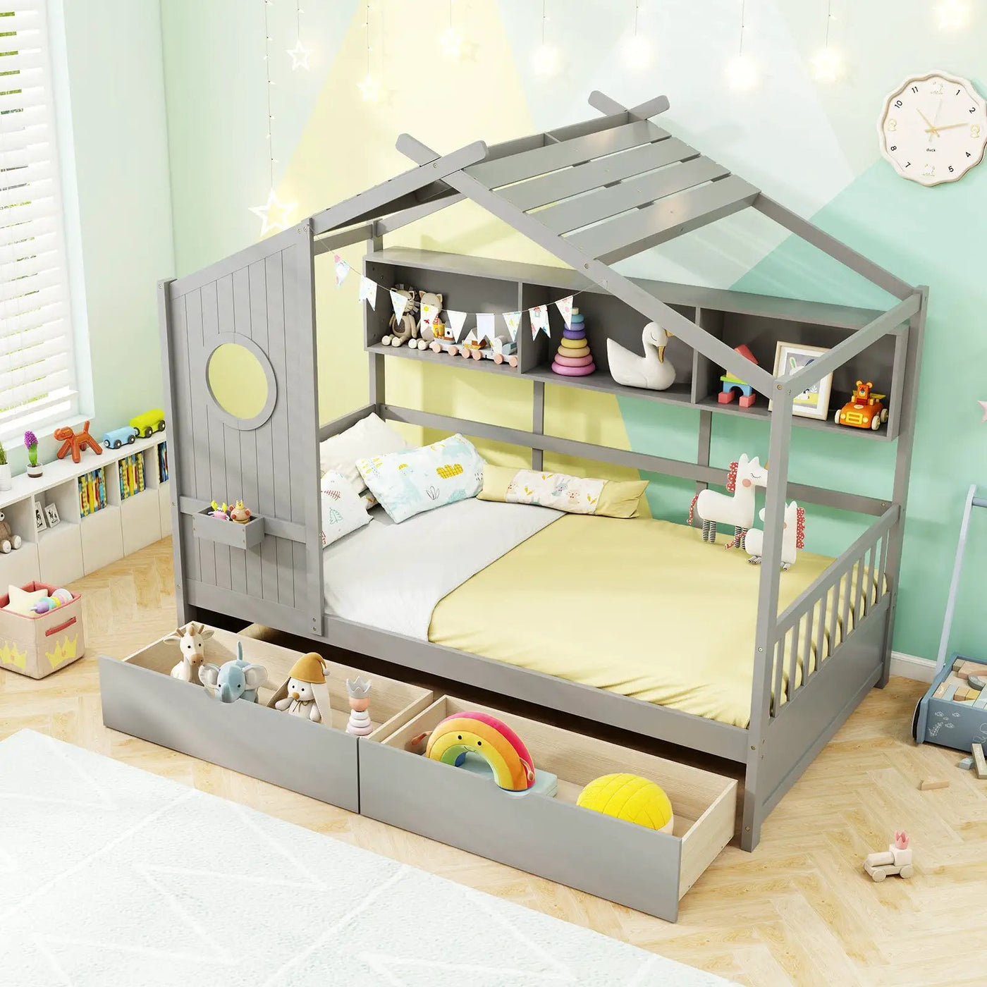 Twin Size House Bed with 2 Storage Drawers and Fence Guardrails by DirectDeals