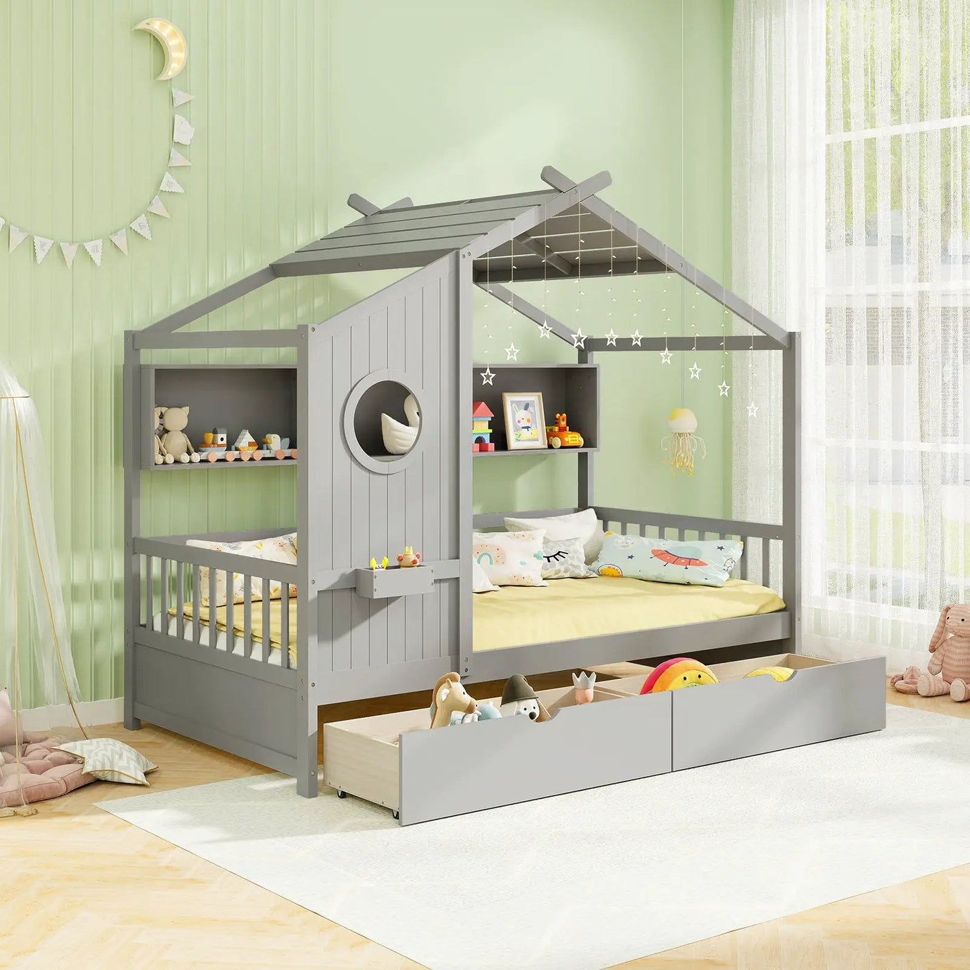 Twin Size House Bed with 2 Storage Drawers and Fence Guardrails by DirectDeals