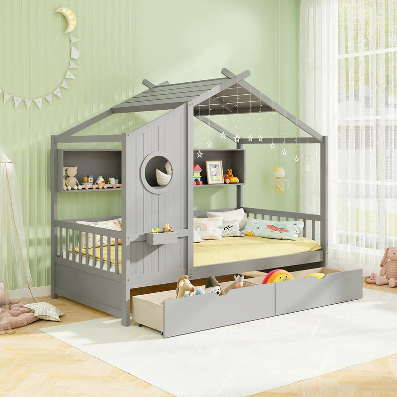 Twin Size House Bed with 2 Storage Drawers and Fence Guardrails by DirectDeals