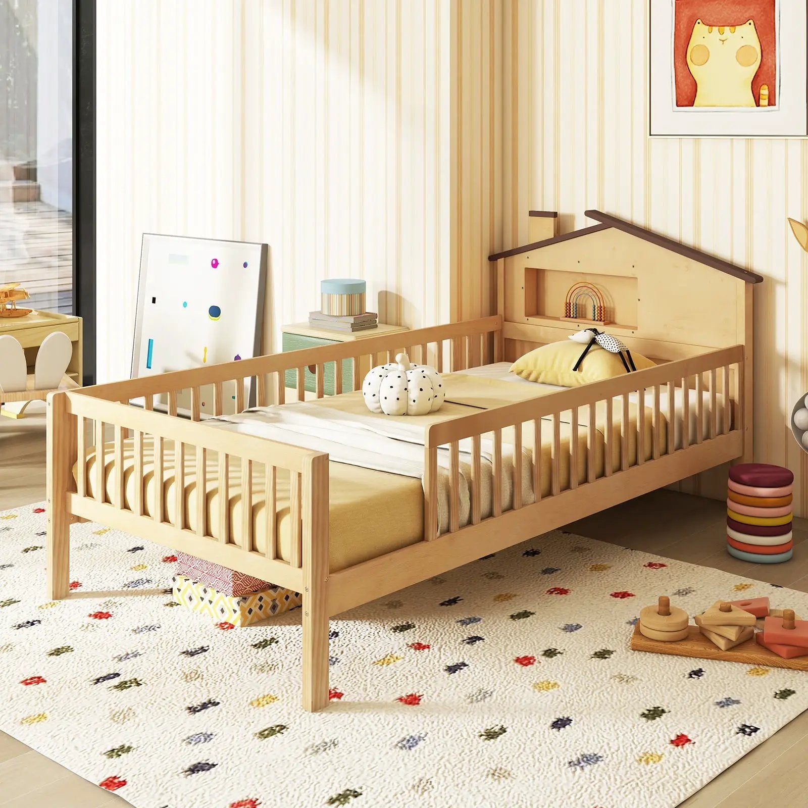 Twin Size Kids Montessori Bed with House-Shaped Headboard and Built-in Storage Shelf by DirectDeals