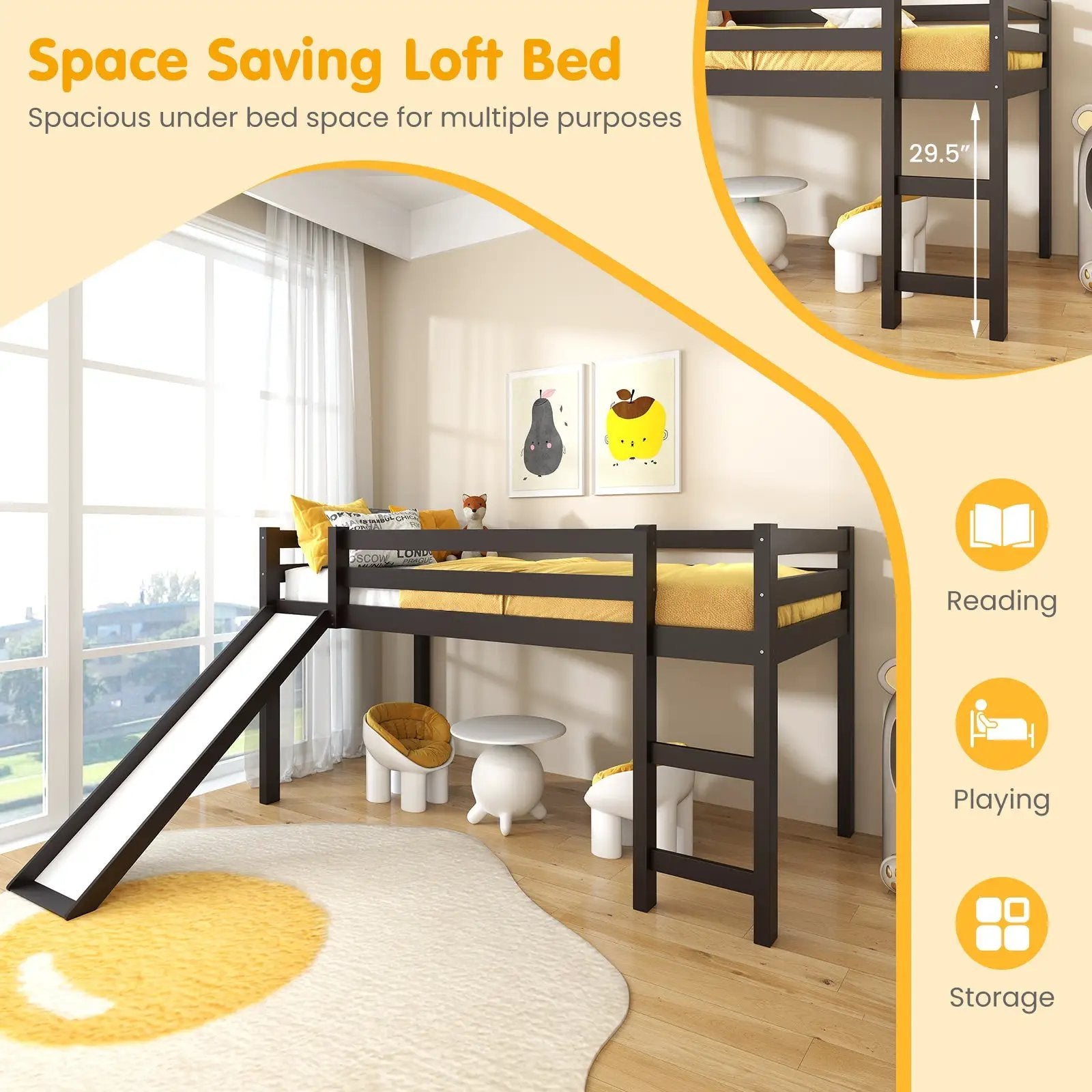 Twin Size Low Sturdy Loft Bed with Slide Wood by DirectDeals