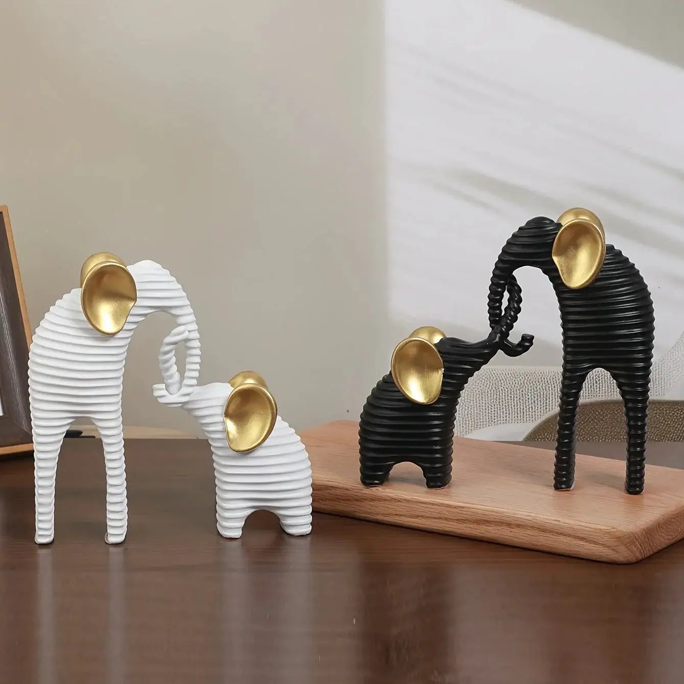 Two High-End Black And Golden/White And Golden Parent- Elephant Figurines for Home Decor, Suitable for Living Rooms, Entryways, Wine Cabinets, And TV Stands. by House Of Avana
