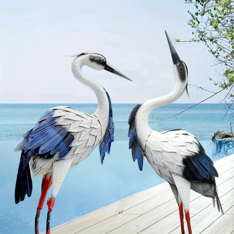 Two Pairs of Elegant White Crane Statues, with Head Up and Head Down Styles, Smooth Metal Design, Courtyard Villa Garden Decoration, Lawn and Gardening, Outdoor Bird Garden Decoration, Metal Crafts by House Of Avana