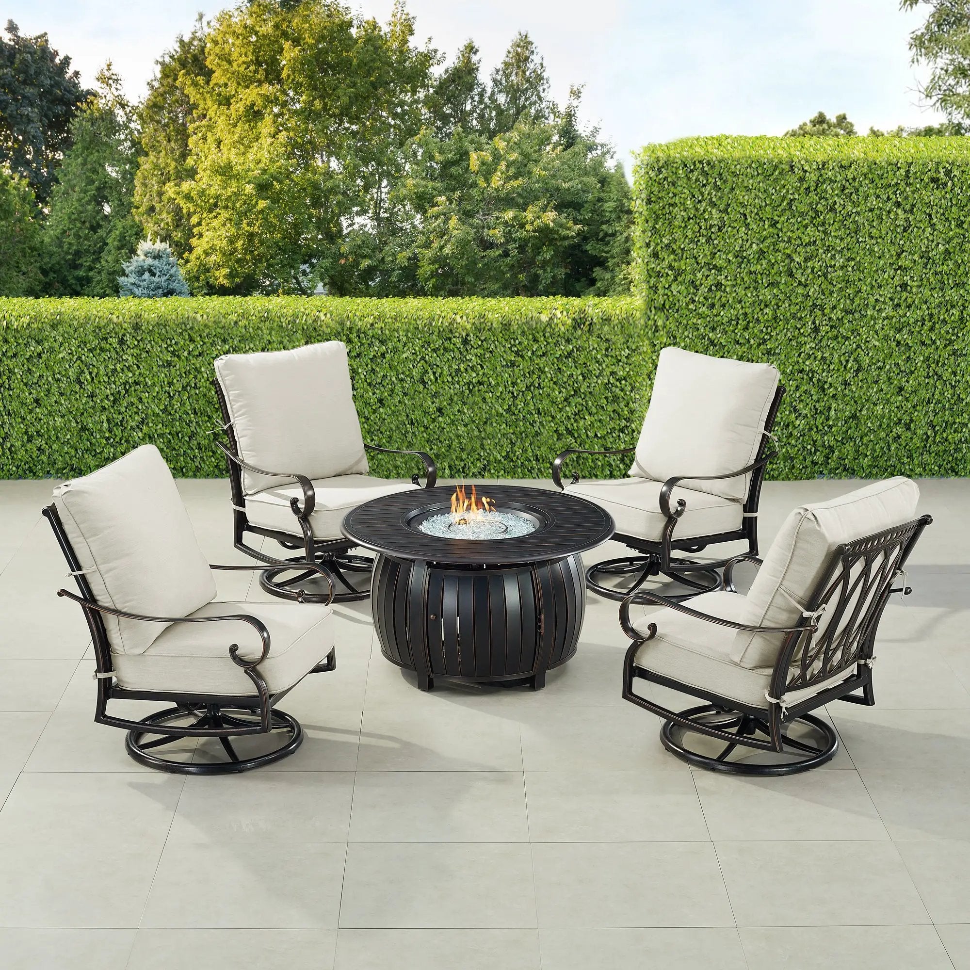 Black Aluminum Fire Table Set with Four Club Chairs by Sharicks