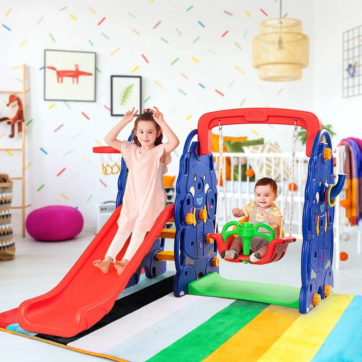 3-in-1 Junior Children Freestanding Design Climber Slide Swing Seat Basketball Hoop by DirectDeals