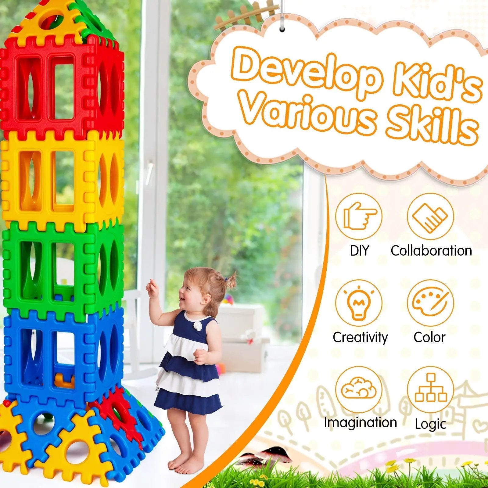 32 Pieces Big Waffle Block Set Kids Educational Stacking Building Toy by DirectDeals