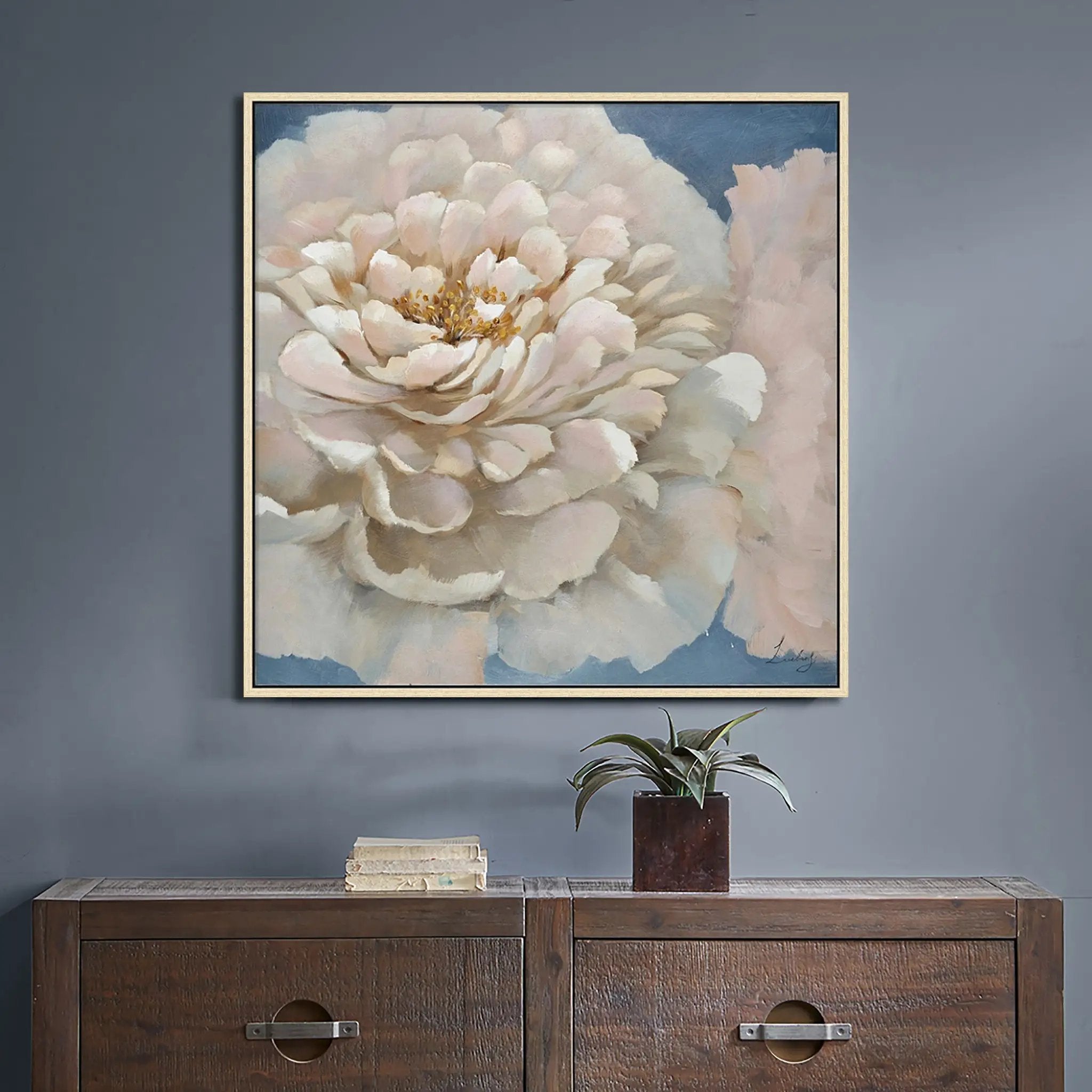 Hand Painted Acrylic Wall Art Pink Flower on a 39 x 39 Square Canvas with a Brown Wooden Frame by Sharicks