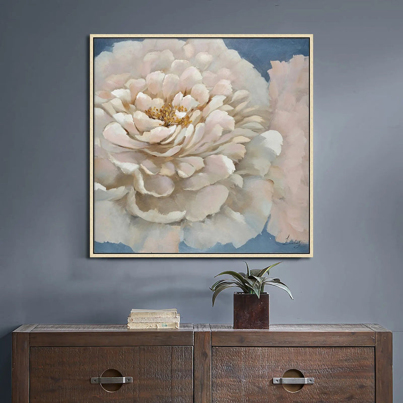 Hand Painted Acrylic Wall Art Pink Flower on a 39 x 39 Square Canvas with a Brown Wooden Frame by Sharicks