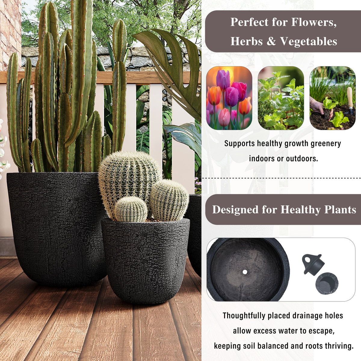 Lightweight MGO Planter Set of 3 with Crackle Texture - Neutral, photo 6 of 18